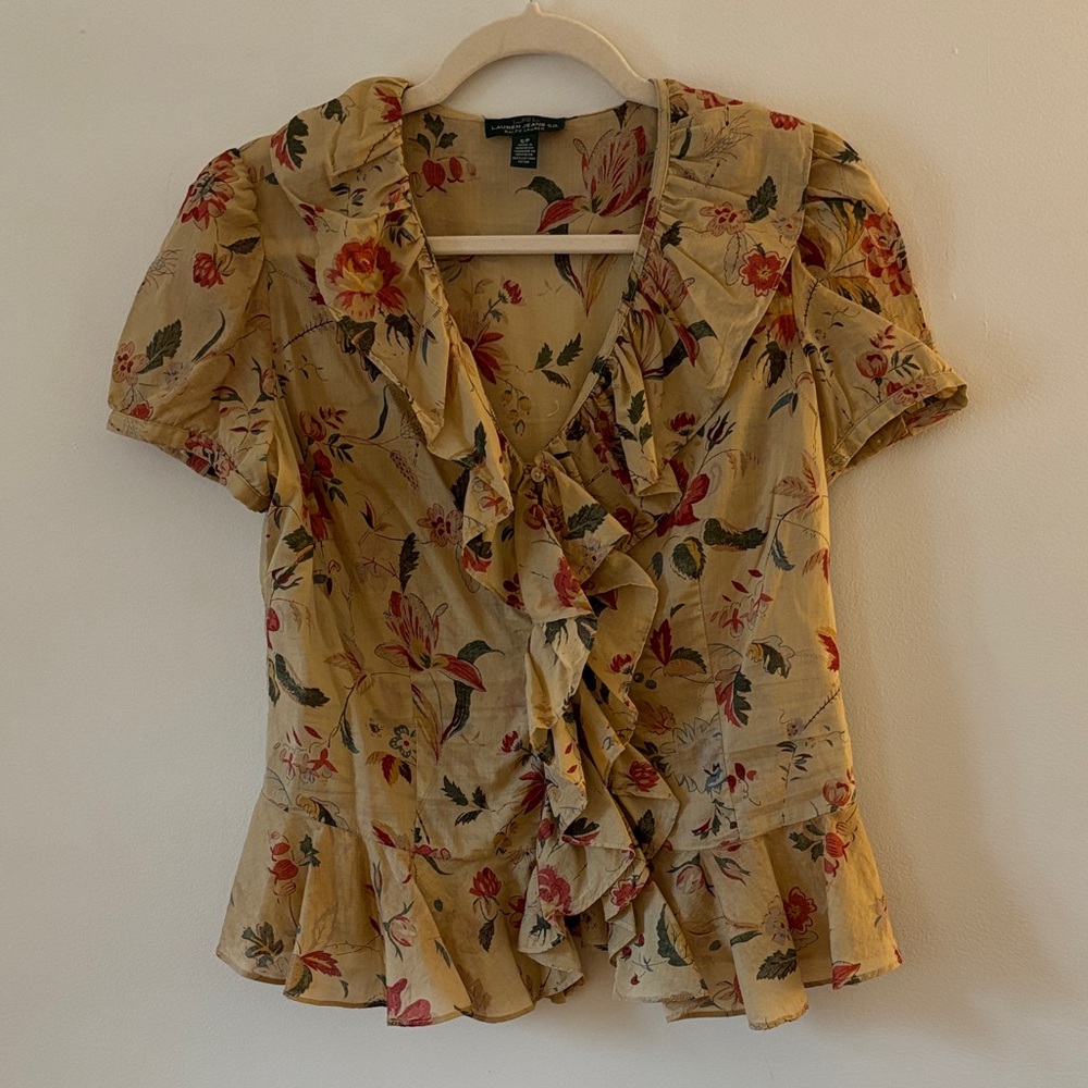 Ralph Lauren Lauren Jeans Co Vintage Floral‎ Short Sleeve Ruffle Blouse sz Small